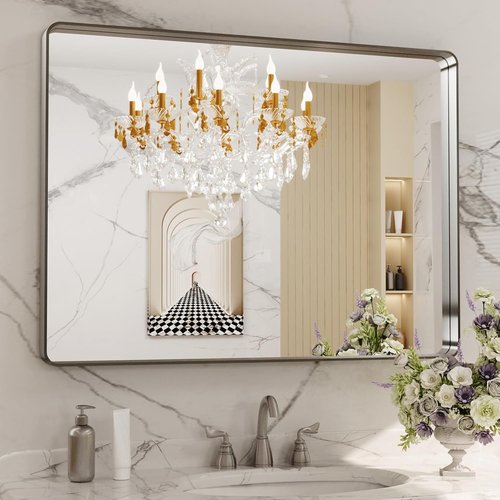 LOAAO Brushed Nickel Bathroom Mirror - 40X24 Inch Rounded Rectangle Design | Anti-Rust, Versatile Hanging Options