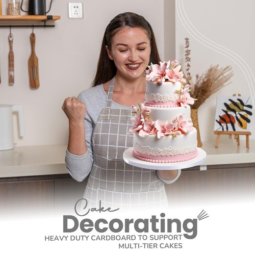 12-Pack Cake Drums 8,10 & 12 inch Reversible, Sturdy 1/2" Thick, Greaseproof, White | Free Prop Up Tool + Matching Ribbon | Professional Round Cake Boards for Tiered, Wedding, Birthday Cakes