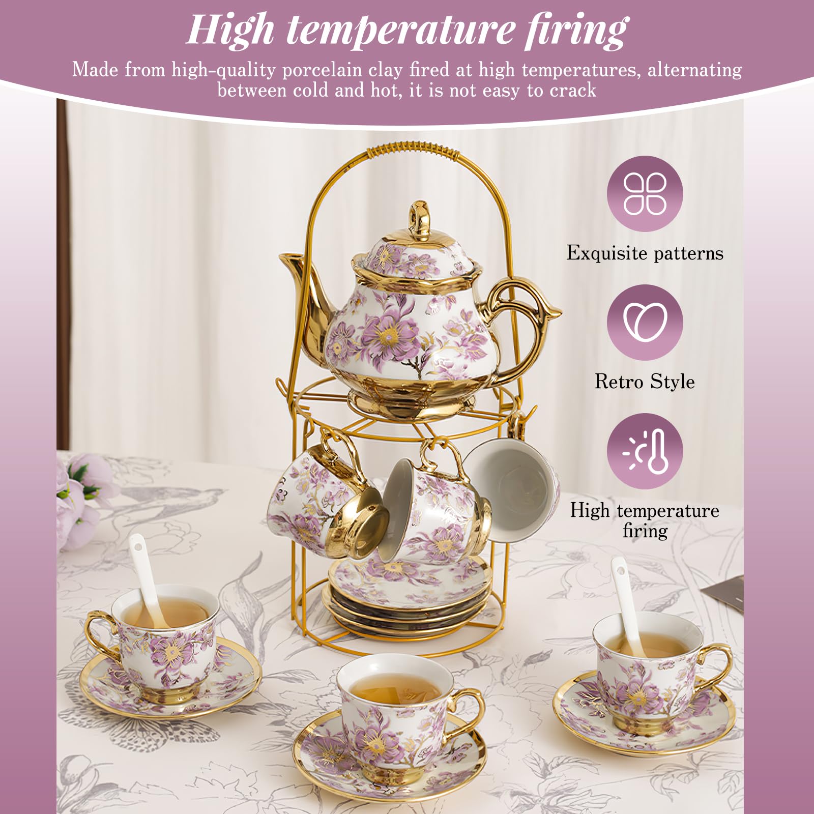 YTDTKJ 20 PCS Ceramic Tea Sets for Women Tea Party, Purple Pattern Tea Set with Gold Shelf, Flower Porcelain Tea Set with 6 Plates & 6 Spoons, Coffee Cup Set for Restaurant Hotels Dinner