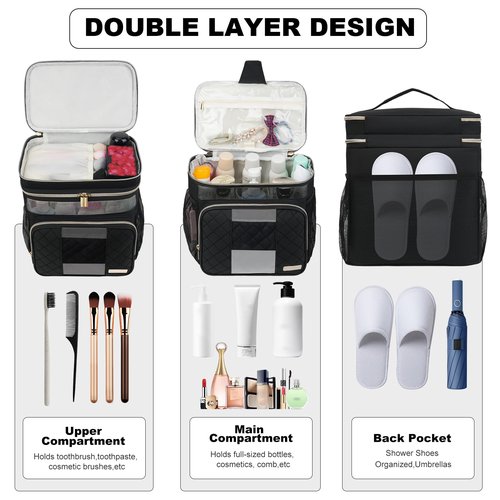 Jaffzora Large Toiletry Bag for Women Men, Portable Shower Caddy College Dorm Essentials, 2 Layers Quickly Dry Mesh Bathroom Tote Bag, Hanging Makeup Organizer Bag for Travel, Gym, Camping (Black)
