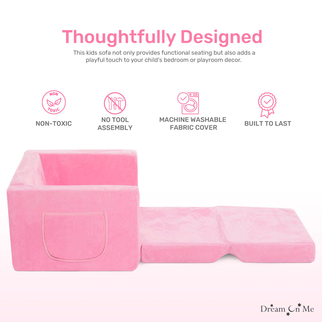 Dream On Me Nestle Kids, Cozy Single Seater, 2-in-1 Convertible Chaise Lounger, High-Density Foam, Sofa Bed Couch, Machine-Washable Fabric Cover, Pink