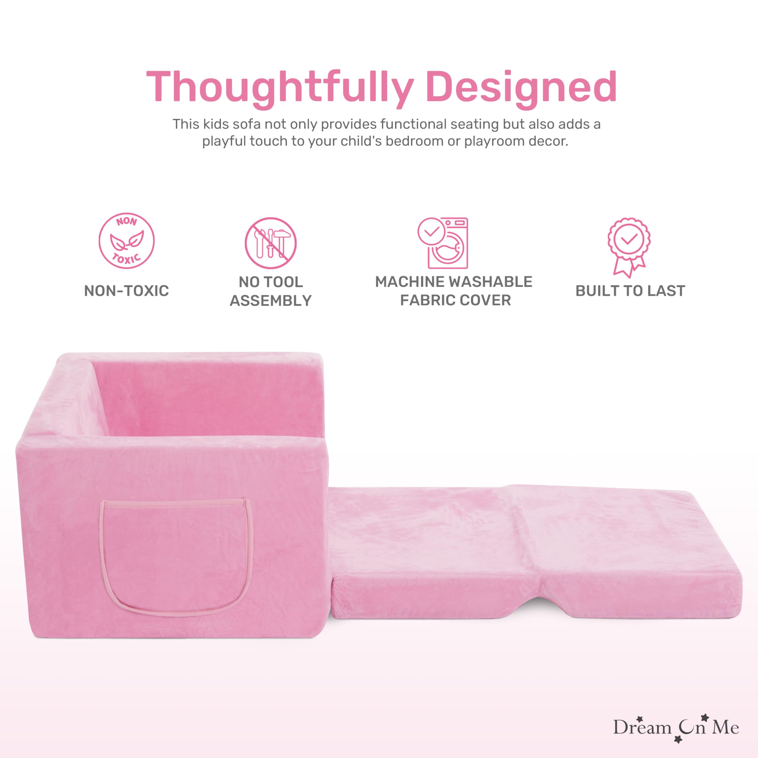 Dream On Me Nestle Kids, Cozy Single Seater, 2-in-1 Convertible Chaise Lounger, High-Density Foam, Sofa Bed Couch, Machine-Washable Fabric Cover, Pink