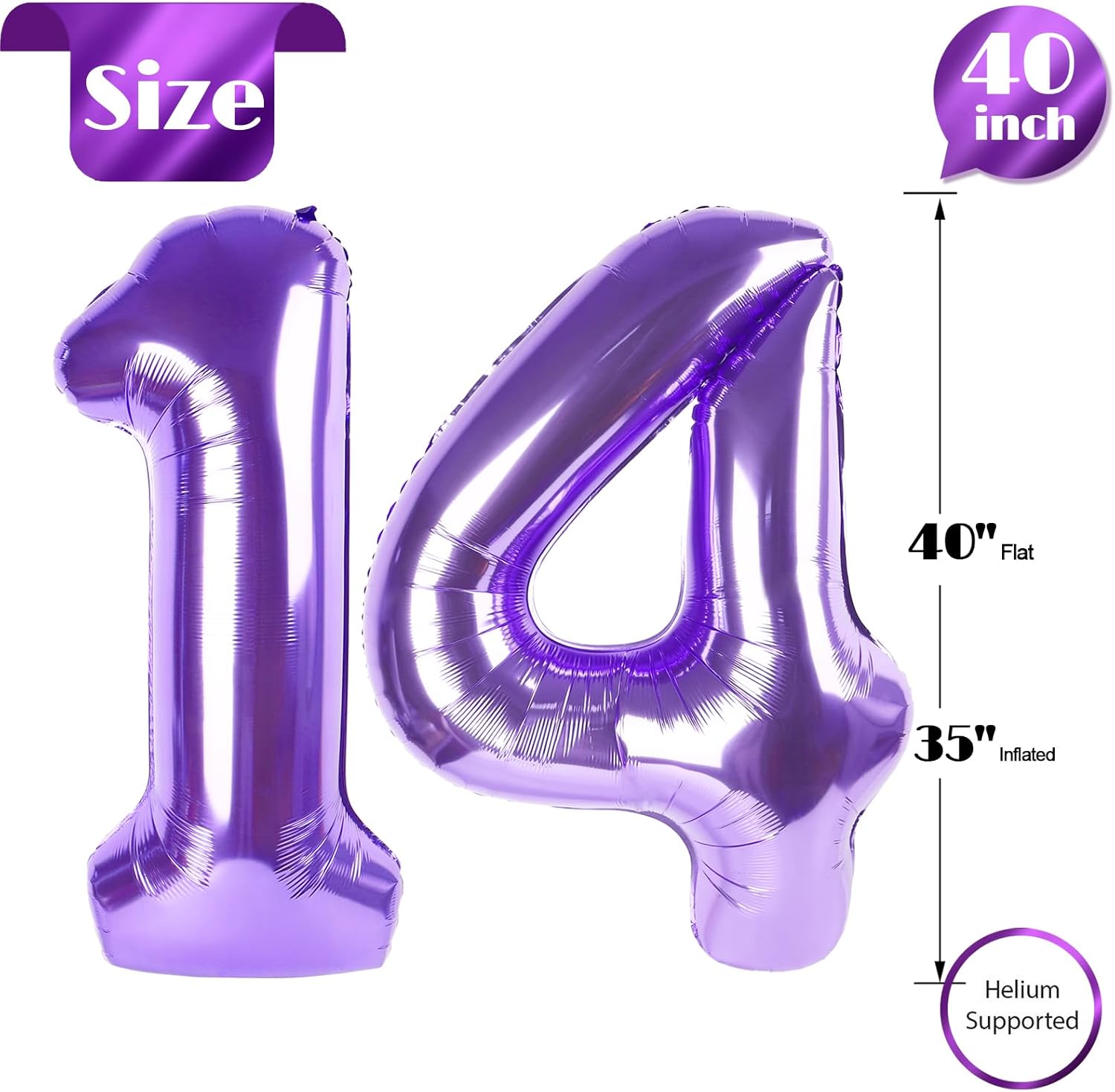 Purple Number 14 Balloon - 40 Inch 14th Birthday Decoration for Girls & Boys Party Supplies