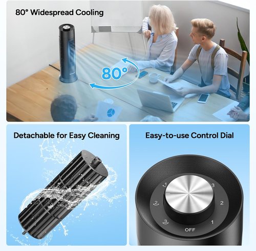 Dr.Prepare Tower Fan - 28 dB Quiet Bladeless Design | 3 Speeds & 80° Oscillation | 16 Inch Portable Fan for Home & Office - Black