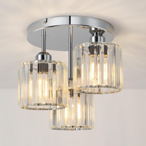ANWIO Crystal Semi Flush Mount Ceiling Light, 3-Light Dining Room Light Fixture, Silver Kitchen Ceiling Light with Clear Crystal Shade, Fit E26 Base Bulbs