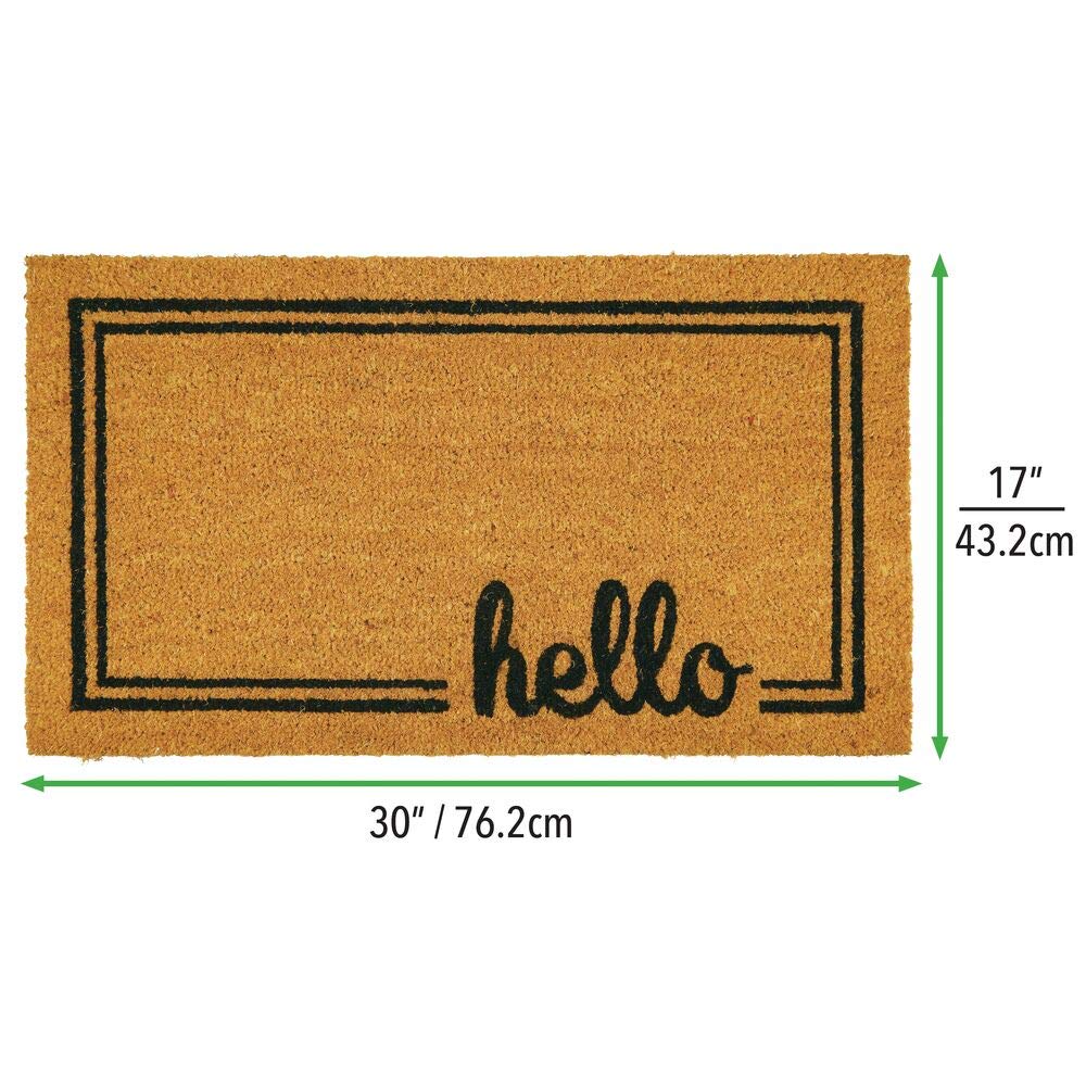 mDesign Rectangular Coir and Rubber Entryway Welcome Doormat with Natural Fibers for Indoor or Outdoor Use - Decorative Script Hello Design - Natural/Black