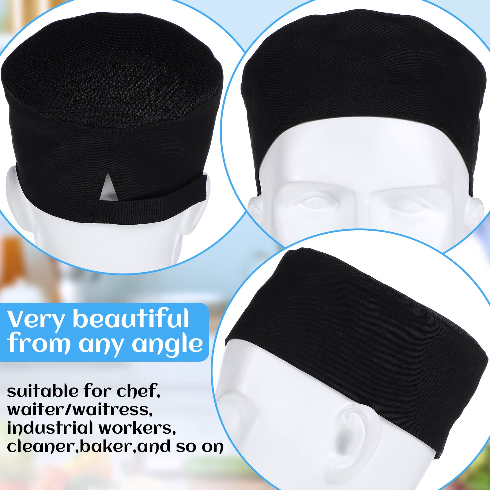 Jeere 50 Pcs Unisex Chef Hat Adjustable Kitchen Cooking Caps Sushi Beanie Breathable Mesh Top Skull Cap for Men Women Adult (Black)