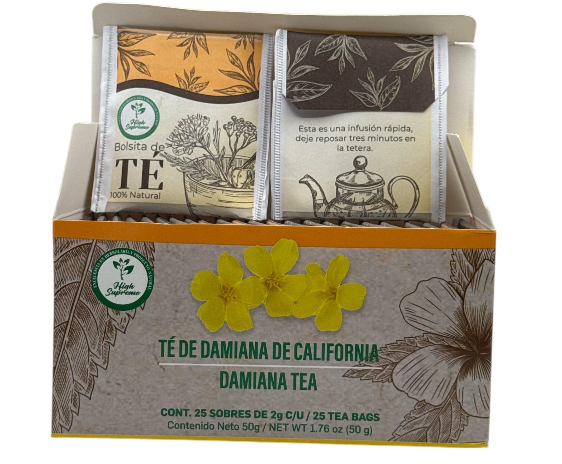 Damiana Herbal Tea – 100% Turnera diffusa – 25 Tea Bags – Natural Caffeine-Free Infusion – Traditional Herbal Beverage – Té de Damiana de California – Hecho en México