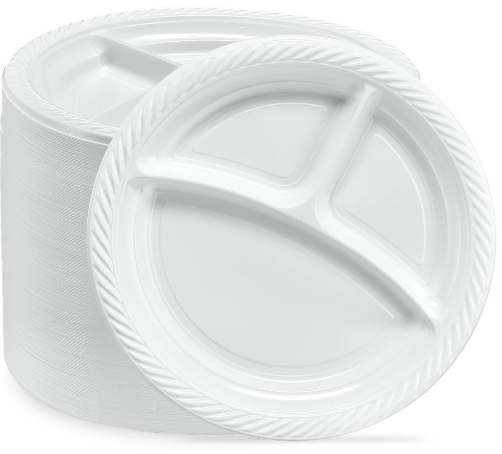 PLASTICPRO 9 inch Round Plastic Plates 3 Compartment - 3 Section Plates Microwaveable, Disposable, White, Dinnerware 400 Count