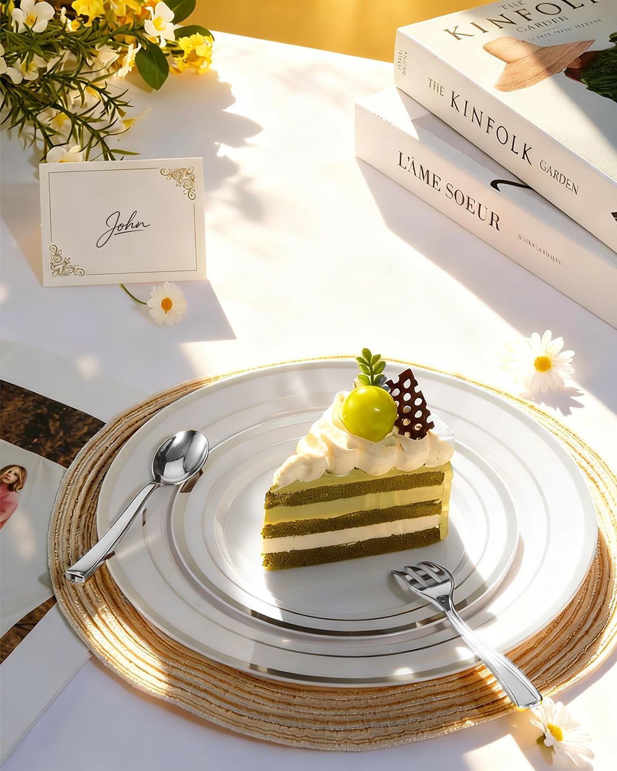 Goodluck 400PCS Elegant Silver Disposable Plastic Dinnerware Set for 40 Guests, Include: 80 Plates, 40 Place Cards, 40 Cups, 80 Spoons, 80 Forks, 40 Knives, 40 Napkins for Weddings/Parties/Graduation
