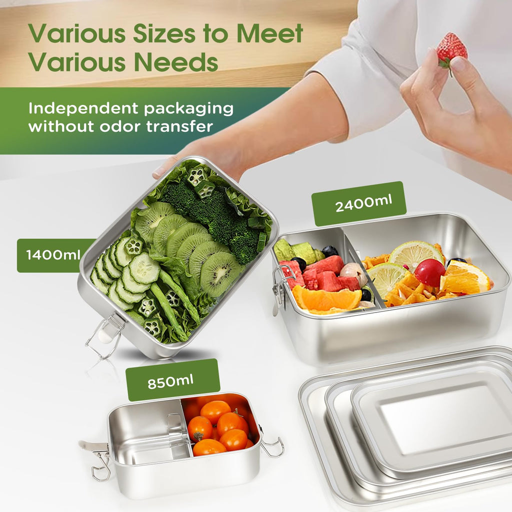 304 Stainless Steel Bento Box 3 Pack Stainless Steel Containers With Lids 81oz/47oz/29oz,Leak-Proof & Stackable Storage Stainless Steel Food Storage Containers for Soup Salad Leftover