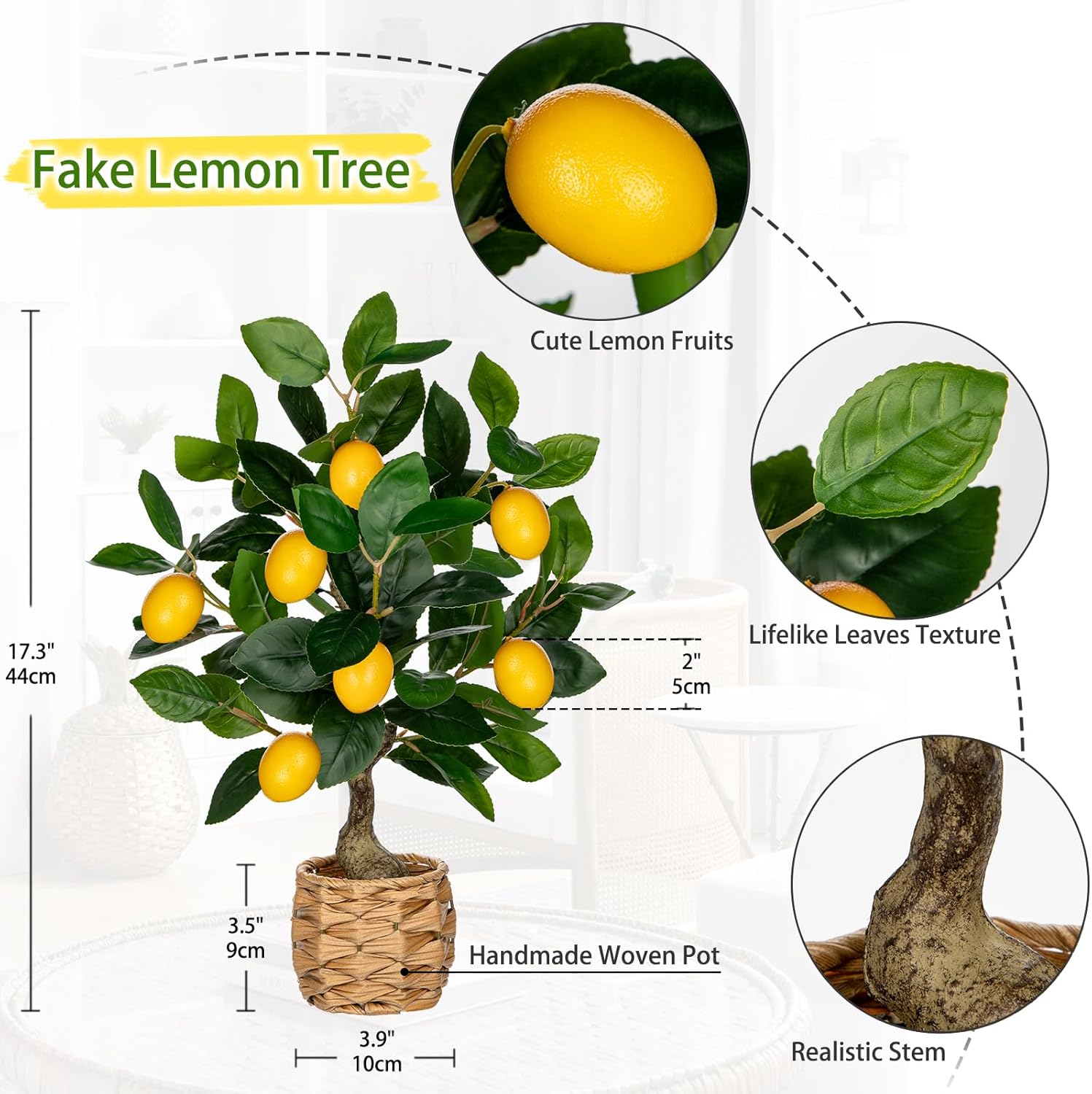 Skiennix Artificial Lemon Tree - 17.3-Inch Potted Faux Citrus Plant with Woven Pot | Indoor Home Decor