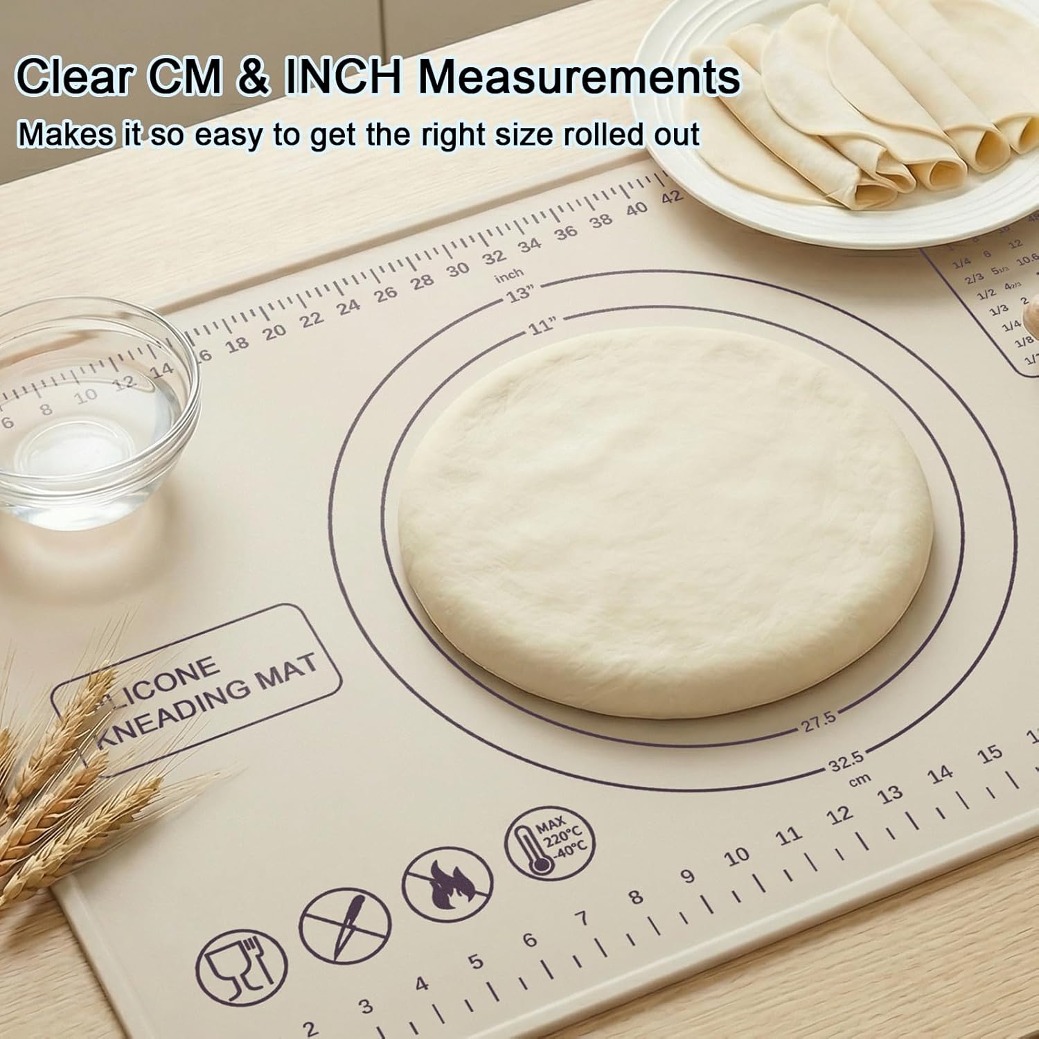Skiennix Silicone Pastry Mat - Extra Thick Non-Stick Baking Mat with Measurements | 28" x 20" | Beige