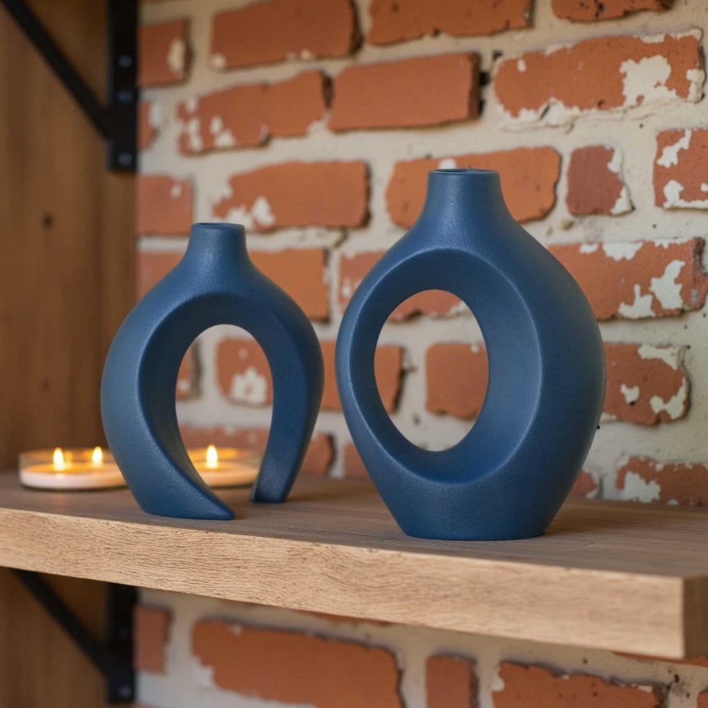 Lvases Snuggle Hollow Ceramic Vase Set of 2, Nordic Modern Boho ins Style Ceramic Aesthetic Flower Vases for Home Decor Living Room Coffee Table Decorative (Matte Navy Blue W 6.3" X H 8.4")