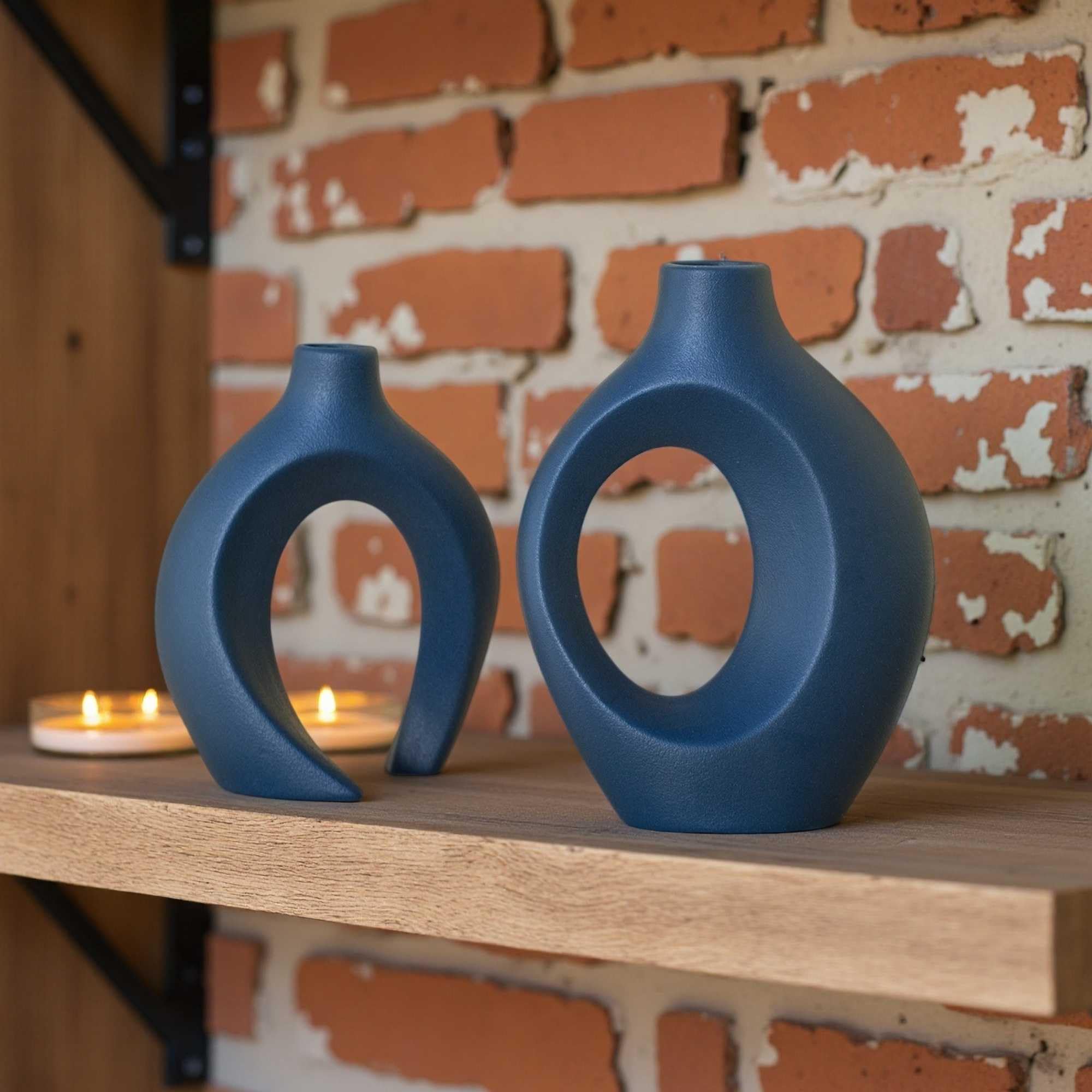 Lvases Snuggle Hollow Ceramic Vase Set of 2, Nordic Modern Boho ins Style Ceramic Aesthetic Flower Vases for Home Decor Living Room Coffee Table Decorative (Matte Navy Blue W 6.3" X H 8.4")
