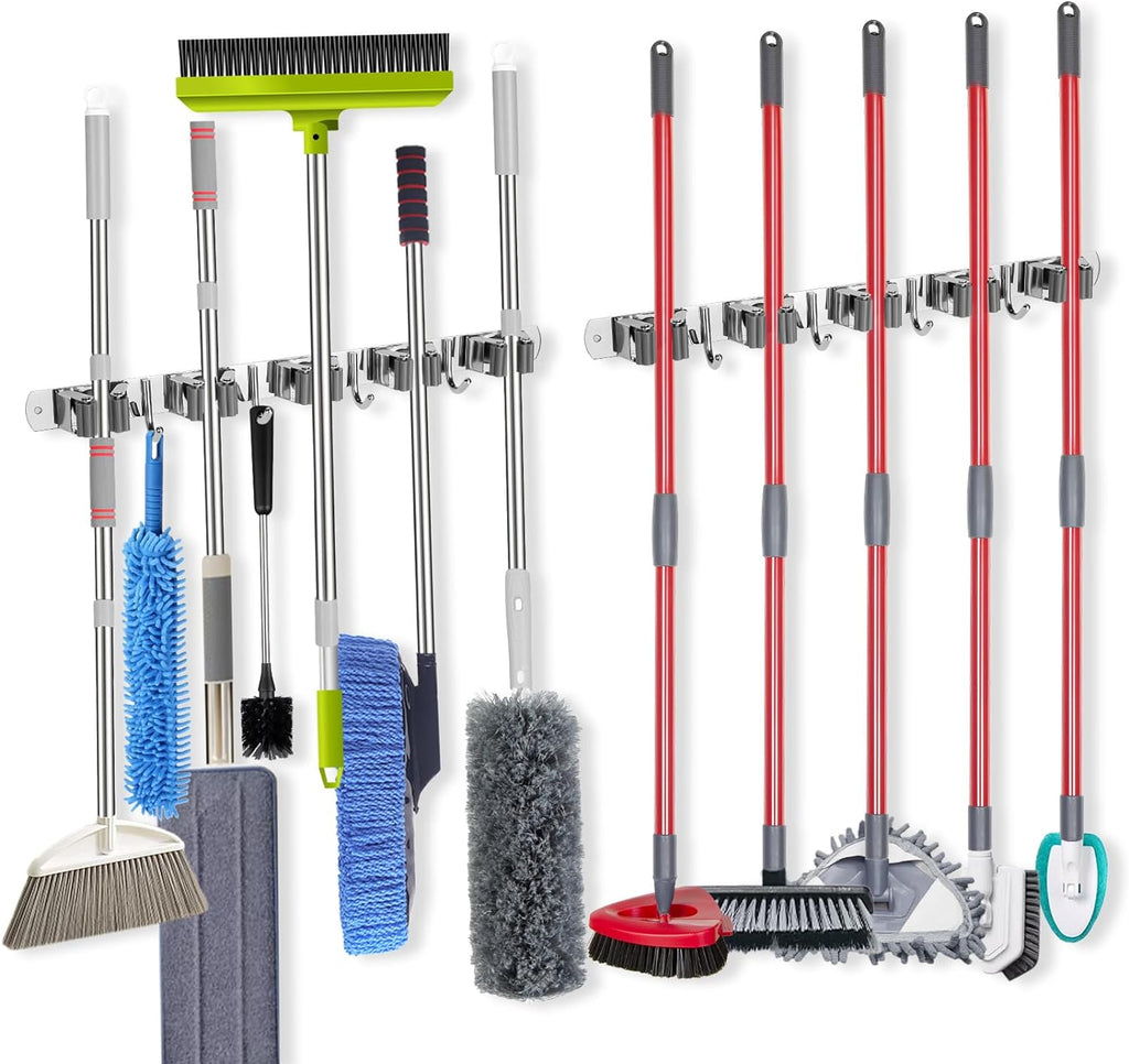 Voze Mop And Broom Holder - 5 Racks & 4 Hooks, Heavy-Duty Wall Mount Organizer | Silver