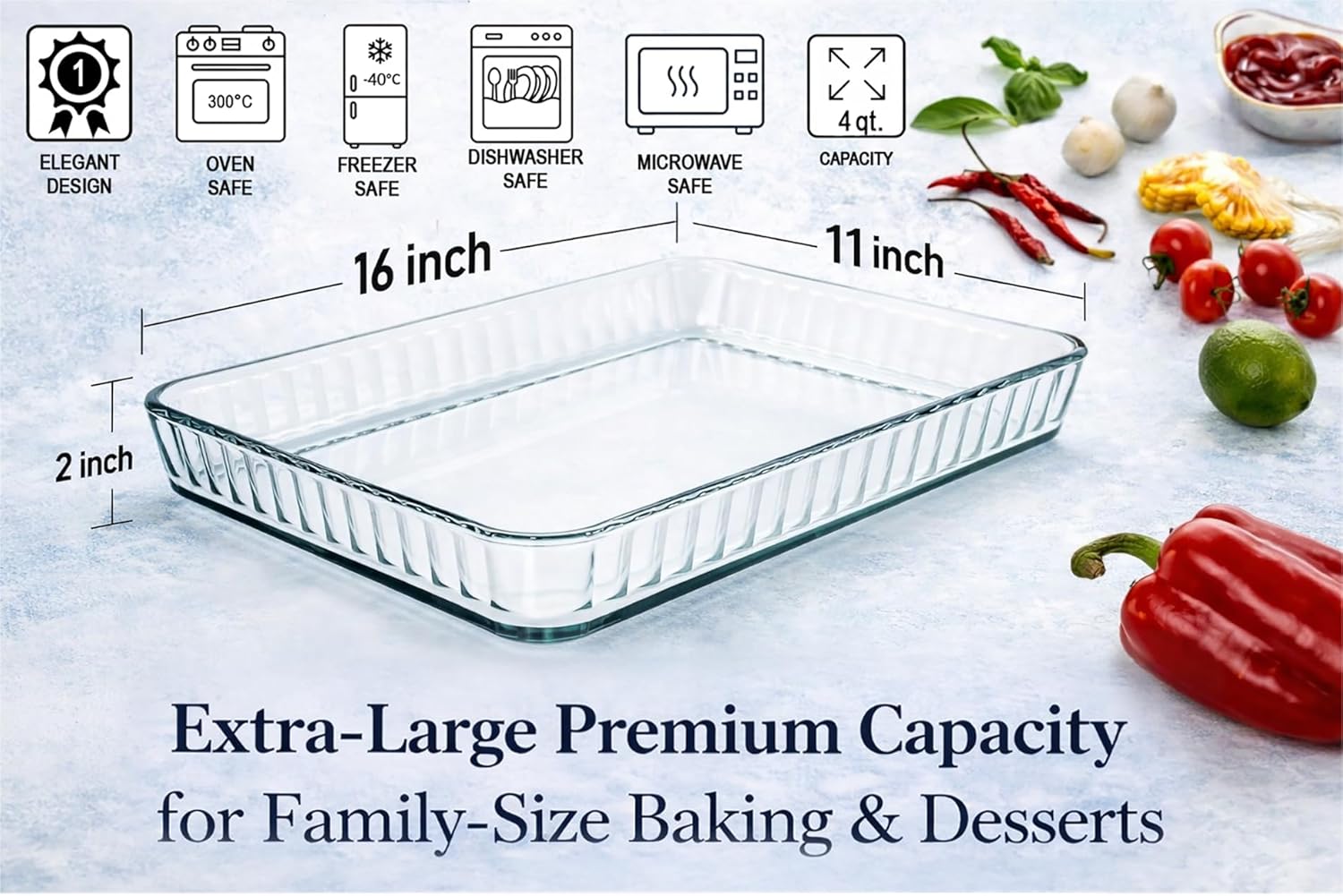 Ums Glass Baking Dish - 4-Qt Borosilicate Oven Pan | Microwave & Oven-Safe Casserole Dish (16" x 11" x 2")