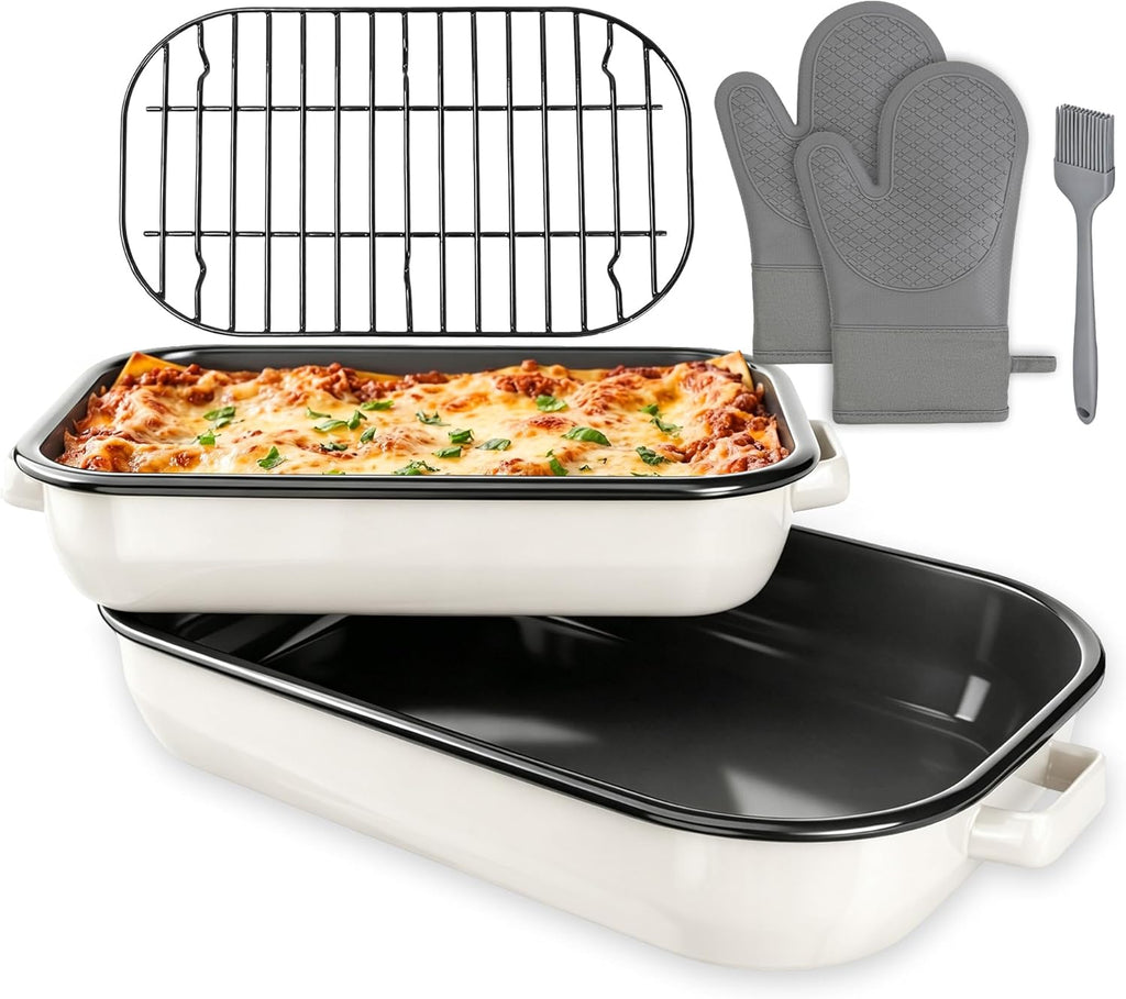 Skiennix Casserole Dishes - 6-Pack Lasagna Baking Set with Handles & Rack | 14 & 17 Inch Enamel Cookware, Dishwasher Safe