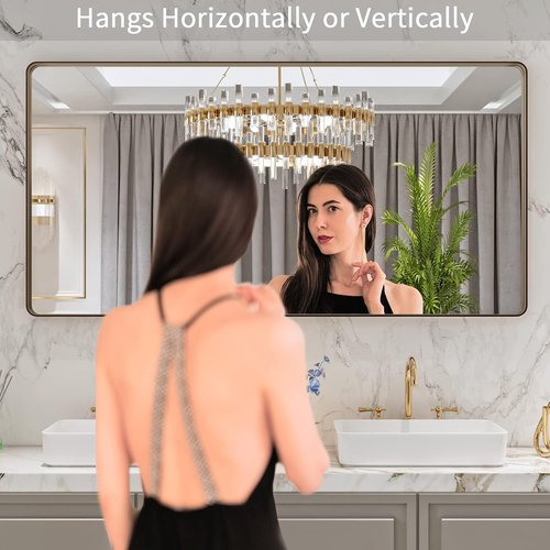 LOAAO Bronze Bathroom Mirror - 60”x30” Rounded Rectangle with Anti-Rust Metal Frame | Hangs Horizontally or Vertically