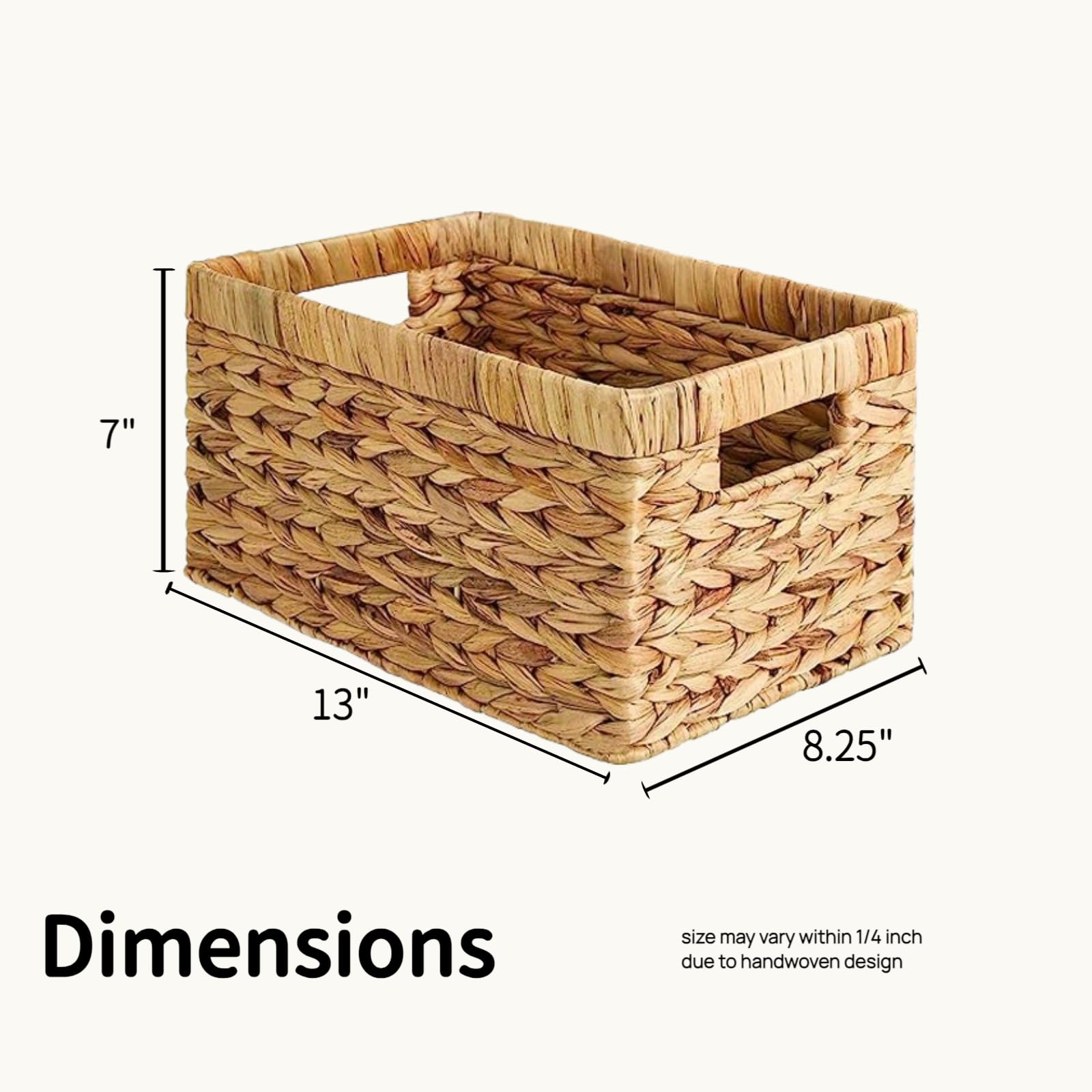 Water Hyacinth Storage Baskets for Shelves, Set of 4 Wicker Pantry Shelf Baskets with Built-In Handles, Woven Organizer Bins for Closet, Bathroom, Kitchen Cabinets, 13 x 8.25 x 7 In
