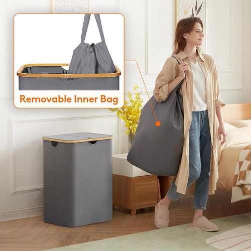 Lifewit 150L Laundry Basket - Foldable Hamper with Lid & Bamboo Handles | Grey with 2 Removable Bags