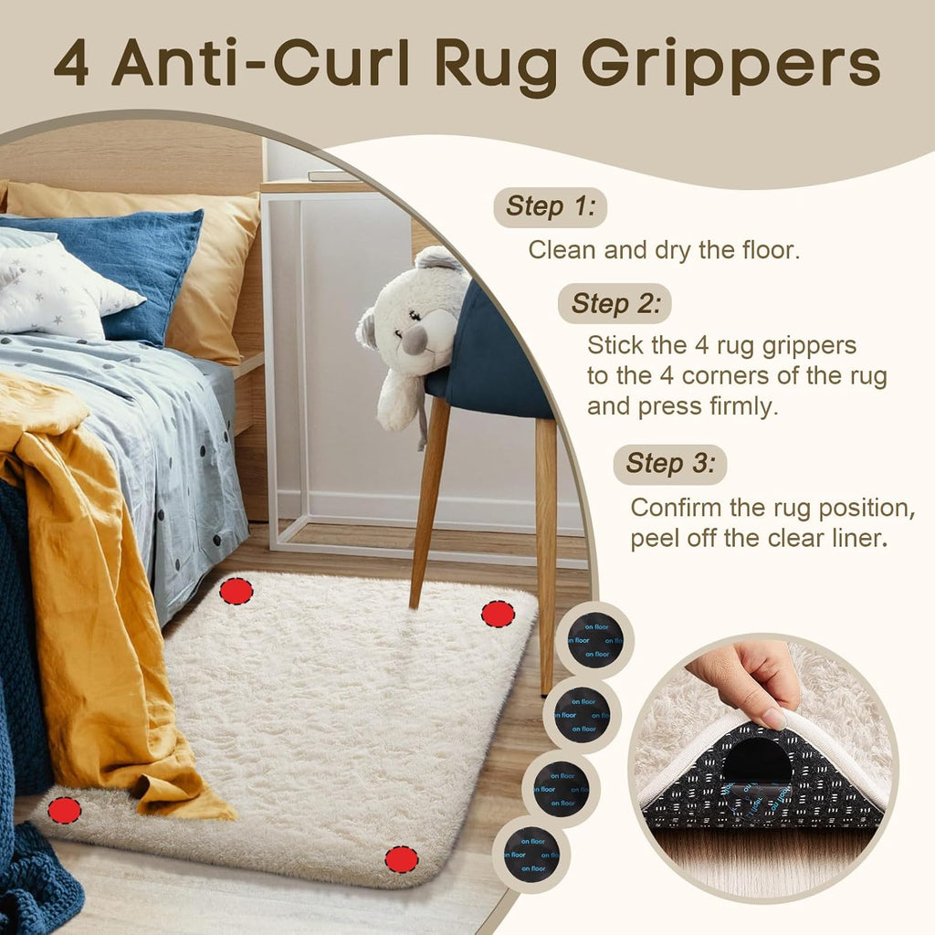 Ophanie Small Ivory Throw Rug - Non-Slip Fluffy Carpet for Bedroom | 2x3 Mini Area Rug