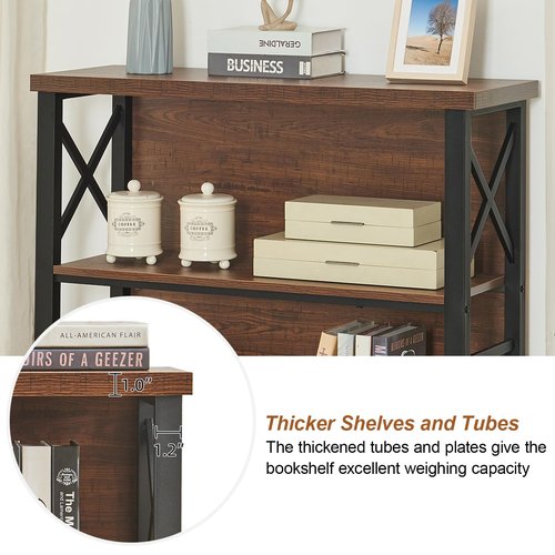 HOMBAZAAR 3-Tier Small Bookshelf, 35.4 Inch Short Book Shelf with Sturdy Metal Frame & Wood Shelves, Rustic Brown Industrial Bookcase for Living Room, Bedroom, Office