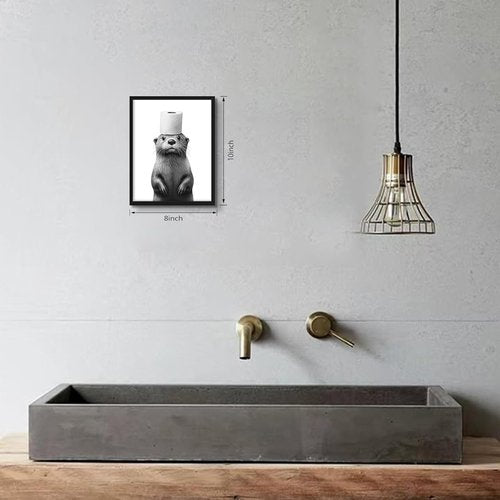Framed Funny Bathroom Wall Art, Black and White Animal Canvas Wall Decor Painting, Cute Otter Holding Toilet Paper on Head Prints Pictures for Bathroom Restroom 8x10 Inch Black Frame