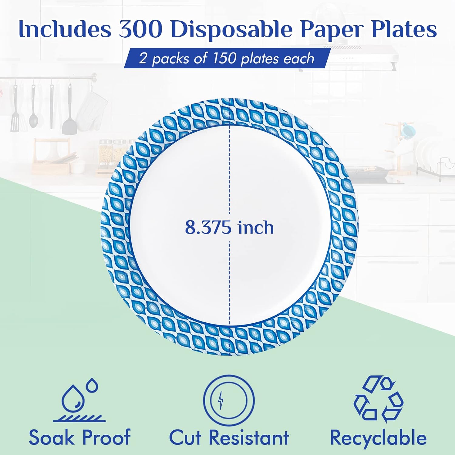 MUCHII Disposable Paper Plates - 8.375 Inch, 300 Count, Soak & Cut Proof for Parties & Gatherings