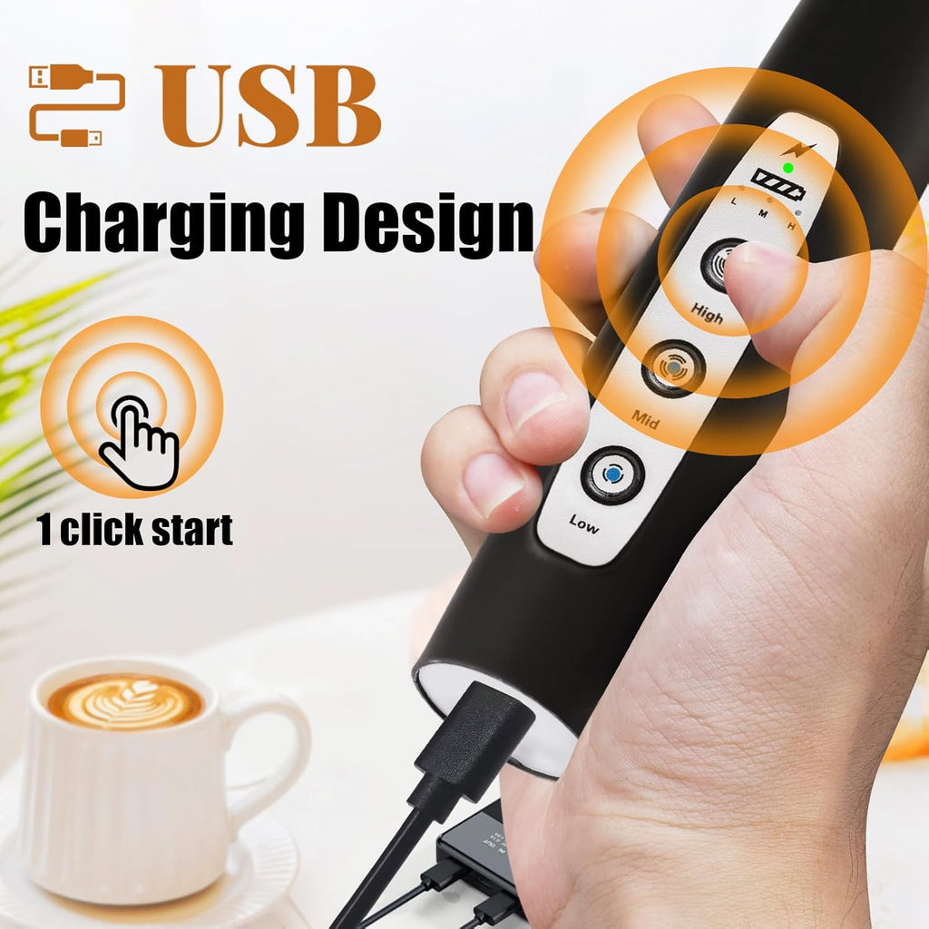 Nahida Black Milk Frother Wand - Handheld Electric Whisk Mixer with 3 Heads & 3 Speeds for Latte, Cappuccino, Hot Chocolate