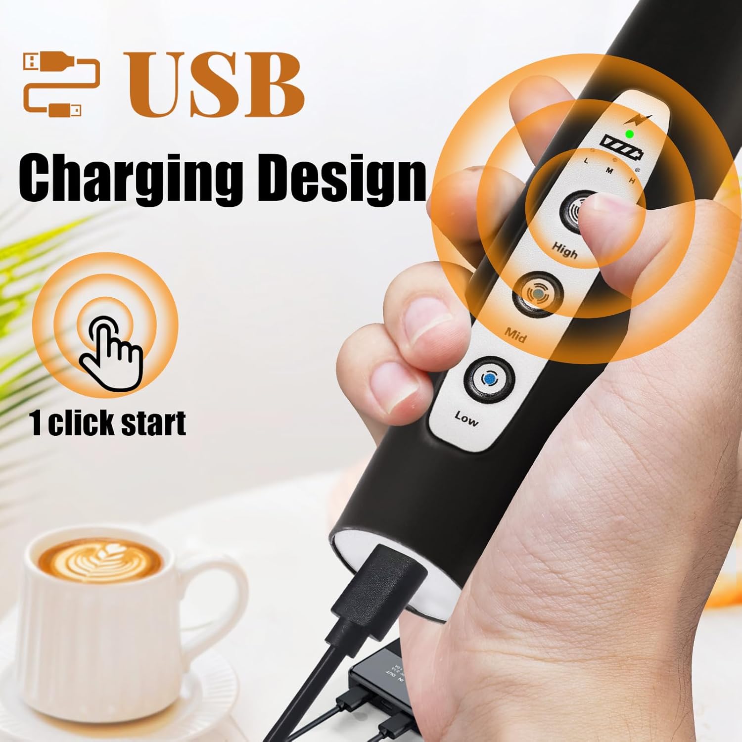Nahida Black Milk Frother Wand - Handheld Electric Whisk Mixer with 3 Heads & 3 Speeds for Latte, Cappuccino, Hot Chocolate