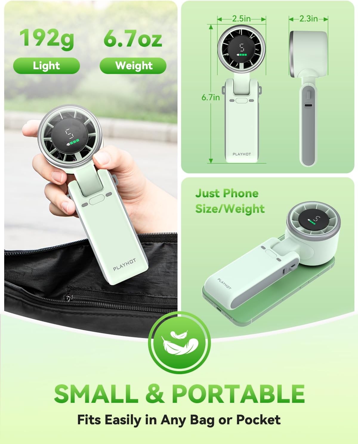 PlayHot Portable Handheld Turbo Fan - 5-Speed Wind, Battery Operated, 12-Hour Runtime | 3-in-1 Cooling Fan (Green)