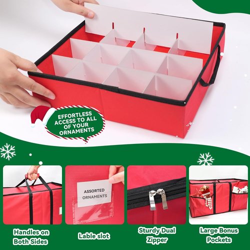 Christmas Ornament Storage Box - Durable 600D Oxford Container Holds 128 Ornaments | 8 Trays, Red
