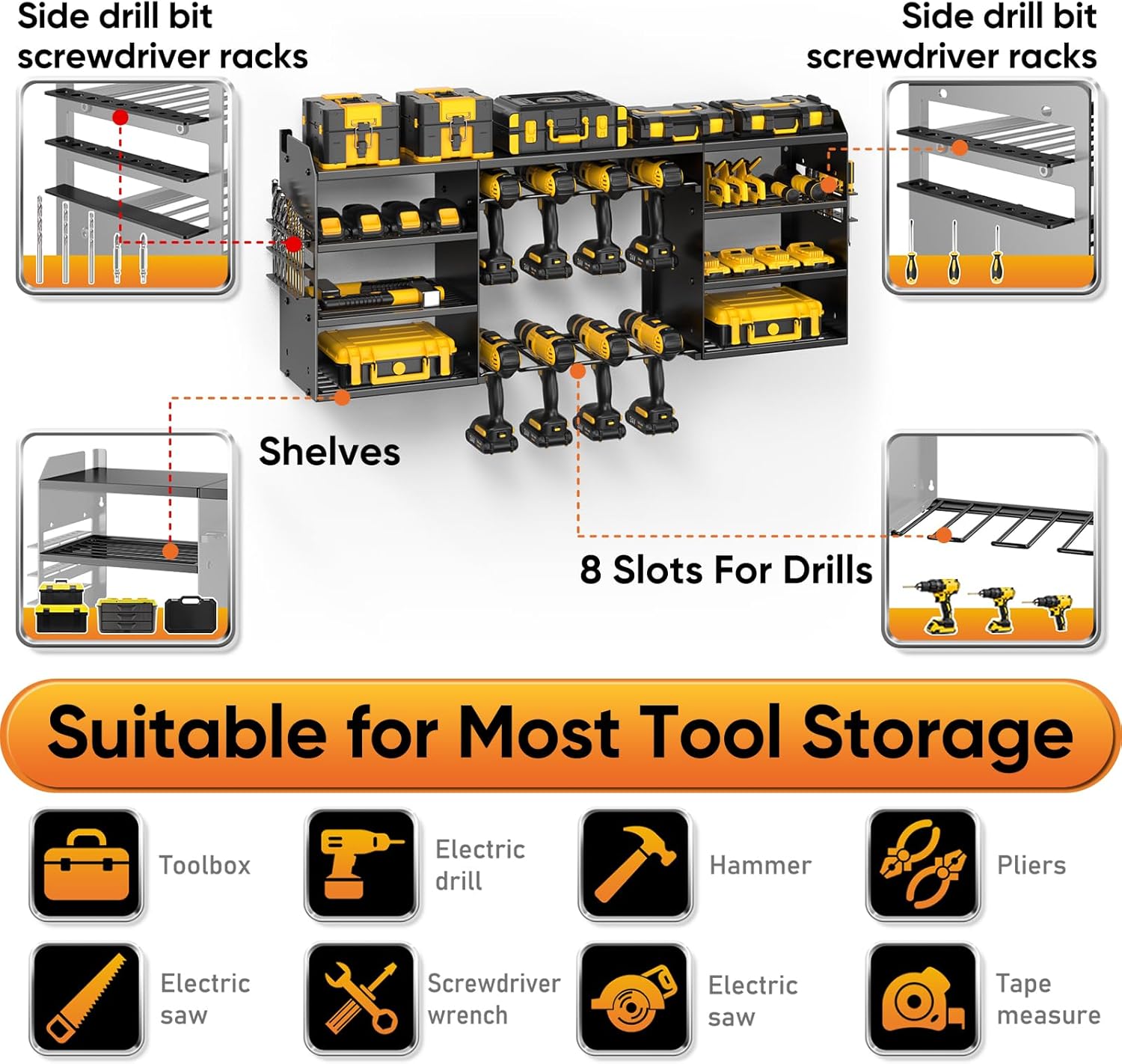 POKIPO Large Power Tool Organizer - Heavy Duty Wall Mount Drill Holder for 8 Drills - Black Utility Rack
