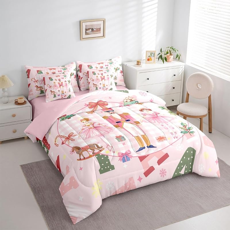Feelyou 7-Piece Queen Comforter Set with Sheets (Pink/White/Green) - Microfiber Bedding