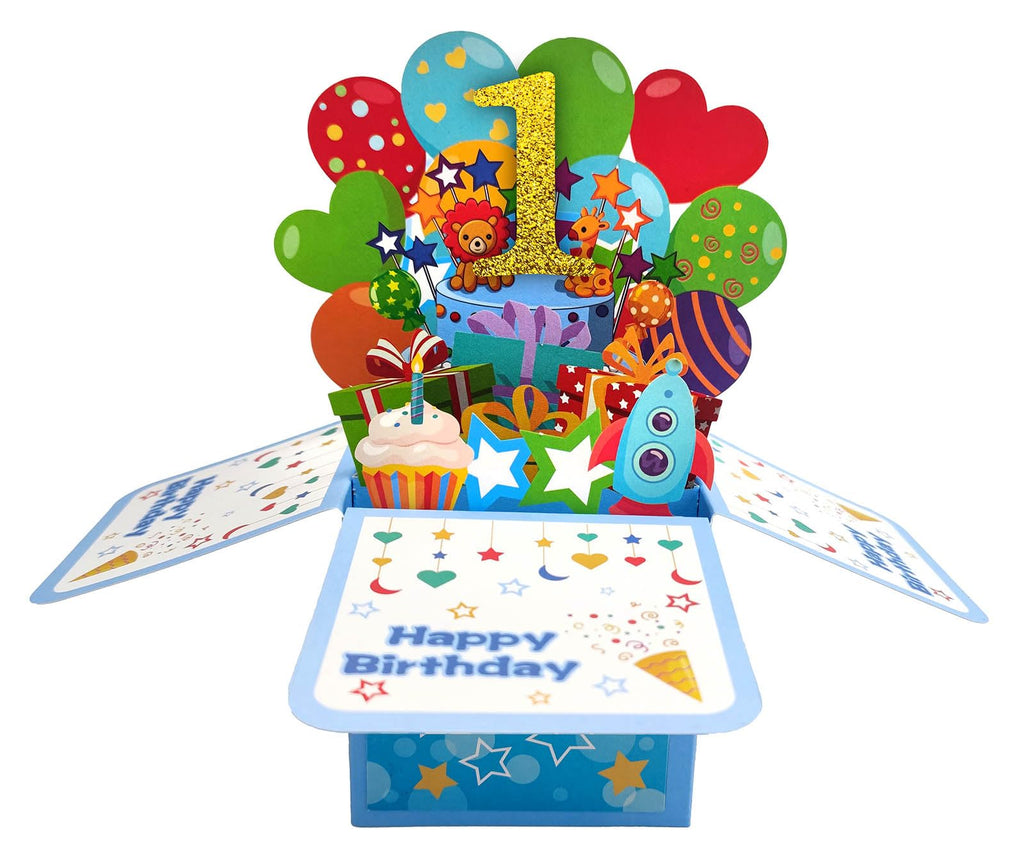 ZOOYOO Happy 1st Birthday Card,3D Pop Up First Birthday Greeting Card for Baby Boy,Son,Grandson,Nephew with 1 Envelop,1 Message Card(Blue)