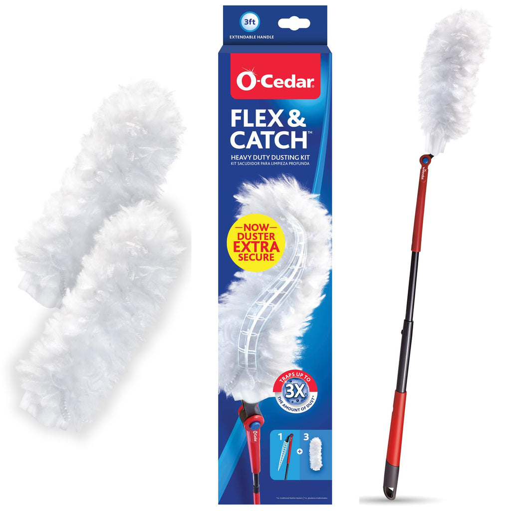 O-Cedar Flex & Catch Heavy Duty Dusting Kit with 3 Disposable Duster Refills | New & Improved Model | Extendable 3 Ft Handle with Stay-On Duster Hook | Traps 3X More Dust Than Feather Dusters