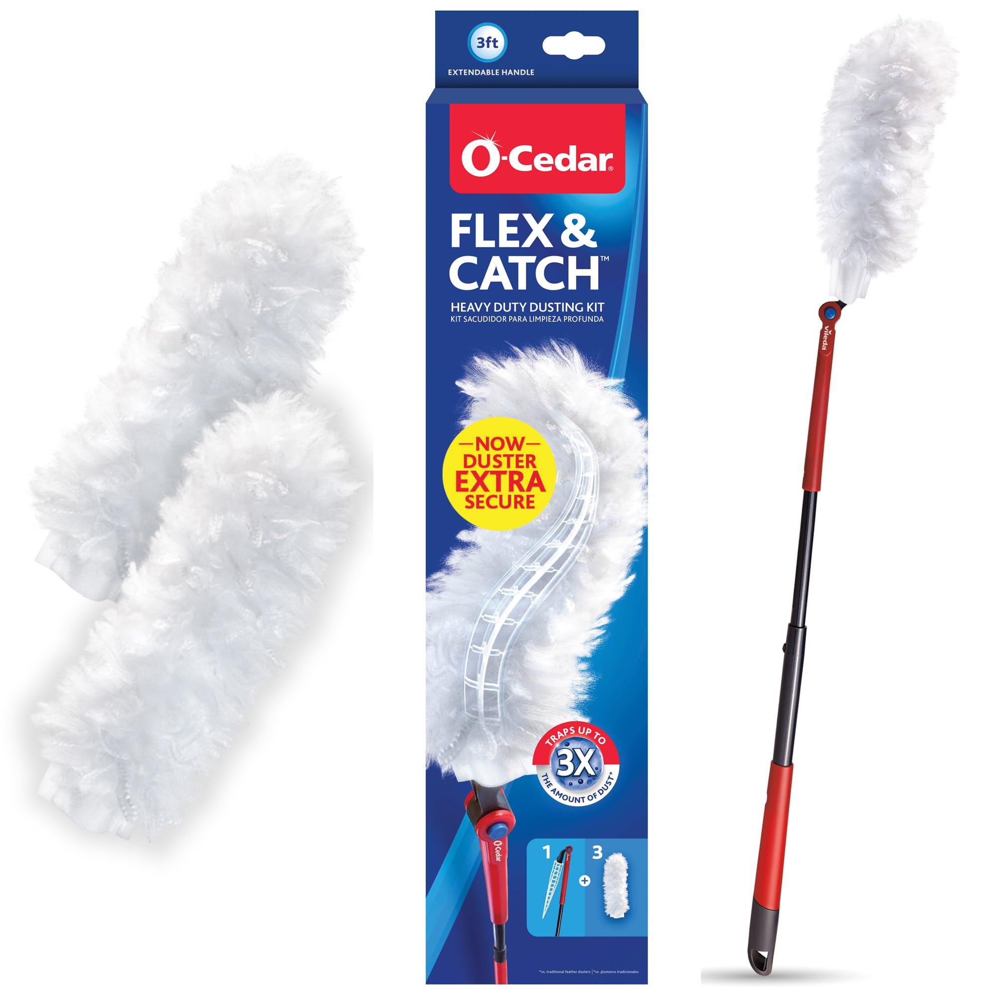 O-Cedar Flex & Catch Heavy Duty Dusting Kit with 3 Disposable Duster Refills | New & Improved Model | Extendable 3 Ft Handle with Stay-On Duster Hook | Traps 3X More Dust Than Feather Dusters