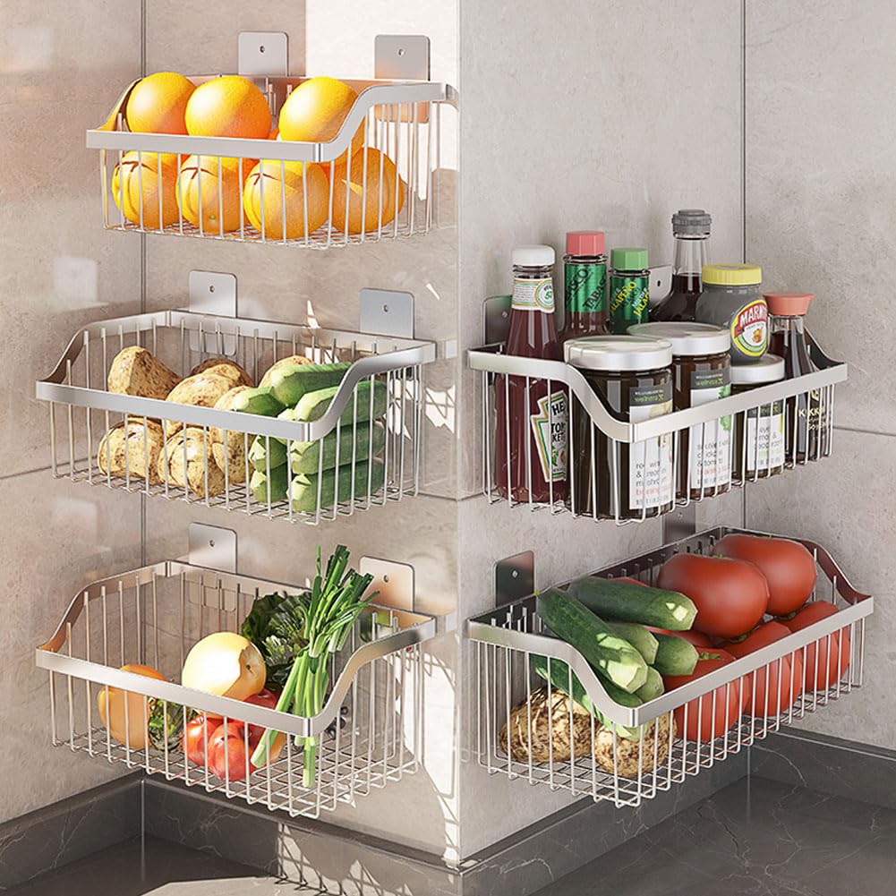 Wire Baskets, SUS304 Stainless Steel Storage Baskets, Durable Baskets for Storage Wall Mount, Hanging Wire Baskets Wall Mount Baskets for Kitchen, Bathroom, Closets - 4 Set