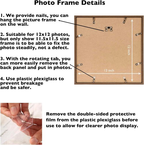 JCJMY 12x12 Inch Picture Frame - Versatile Horizontal & Vertical Wall Display | Shatter-Resistant Plexiglass, Brown
