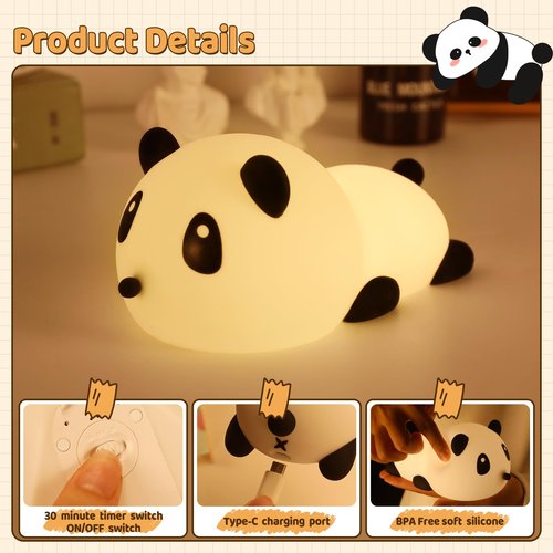 SALUOKE Panda Night Light for Kids: Squishy Silicone Animal Light,7 Soft Colors,Tap Control,Rechargeable,Sleep Timer,Battery Baby Nightlight for Childrens Room & Nursery,Bedside Touch Lamp