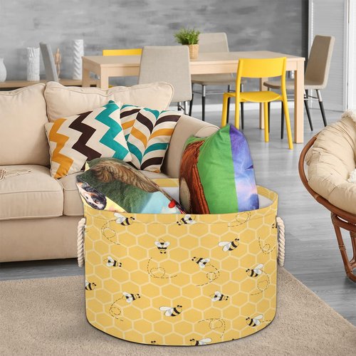 FengQuGou Cute Yellow Bee Large Storage Basket Honeycomb Bee Round Laundry Basket with Handle Organization Collapsible Storage Bins Box Hamper for Kids Toy Clothes Nursery Bedroom Living Room Decor