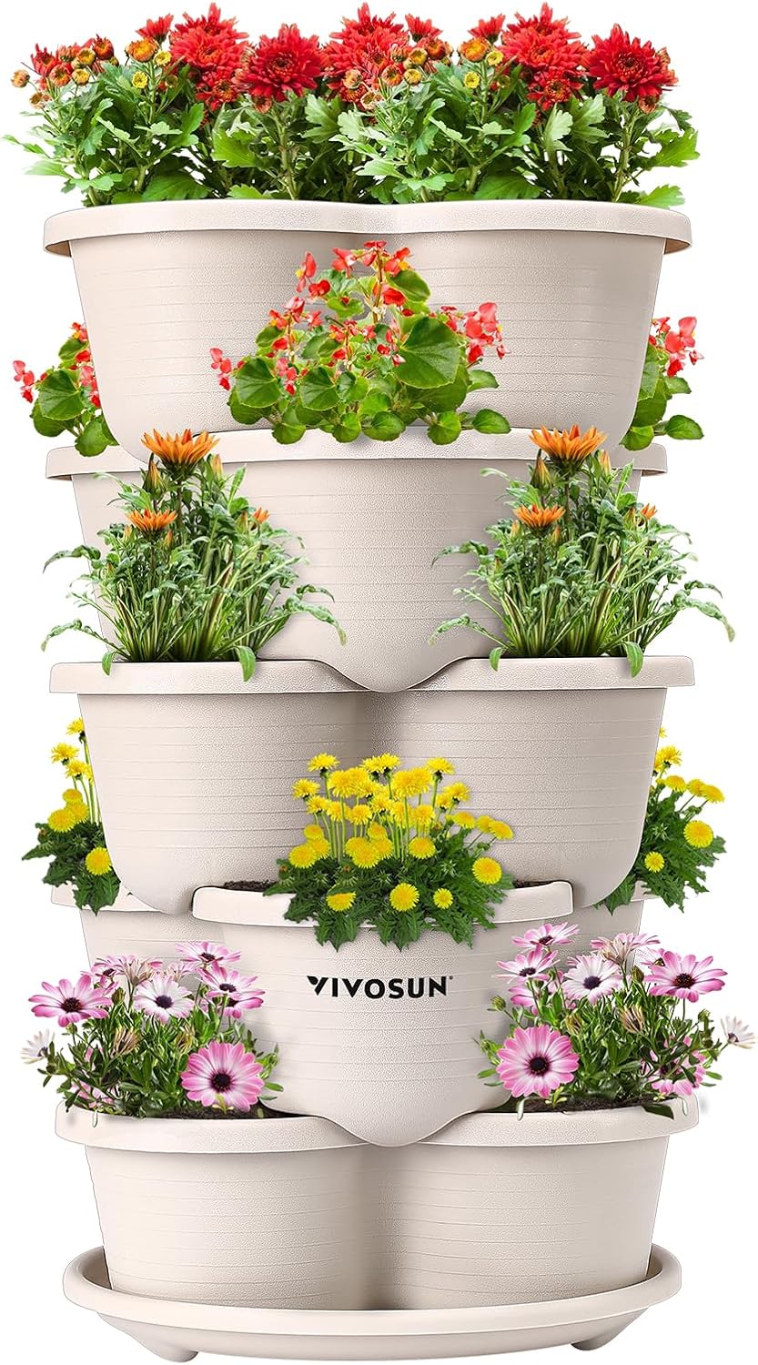 VIVOSUN 5-Tier Vertical Gardening Planter - Stackable for Strawberries, Flowers, Herbs & Vegetables | Ivory