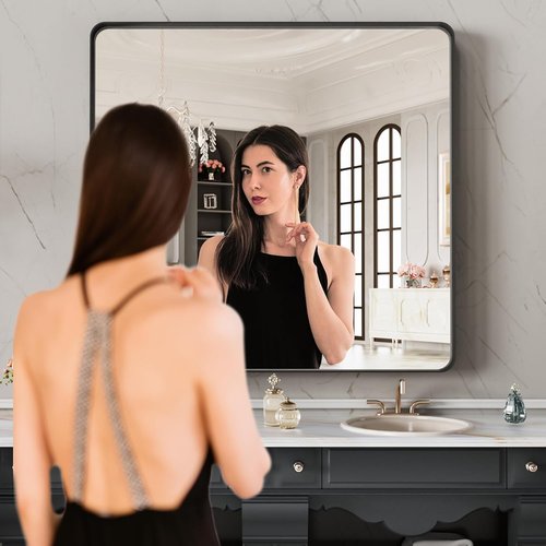 LOAAO Black Metal Framed Bathroom Mirror - 40x38 Inch, Anti-Rust, Tempered Glass, Versatile Hanging Options