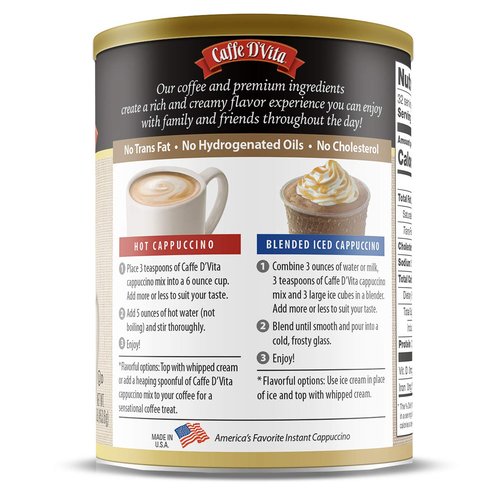 Caffe D'Vita Mocha Cappuccino - Instant Powder Coffee Mix, Gluten Free, No Cholesterol, No Hydrogenated Oils, No Trans Fat, 99% Caffeine Free - 16 Oz Can, 6-Pack