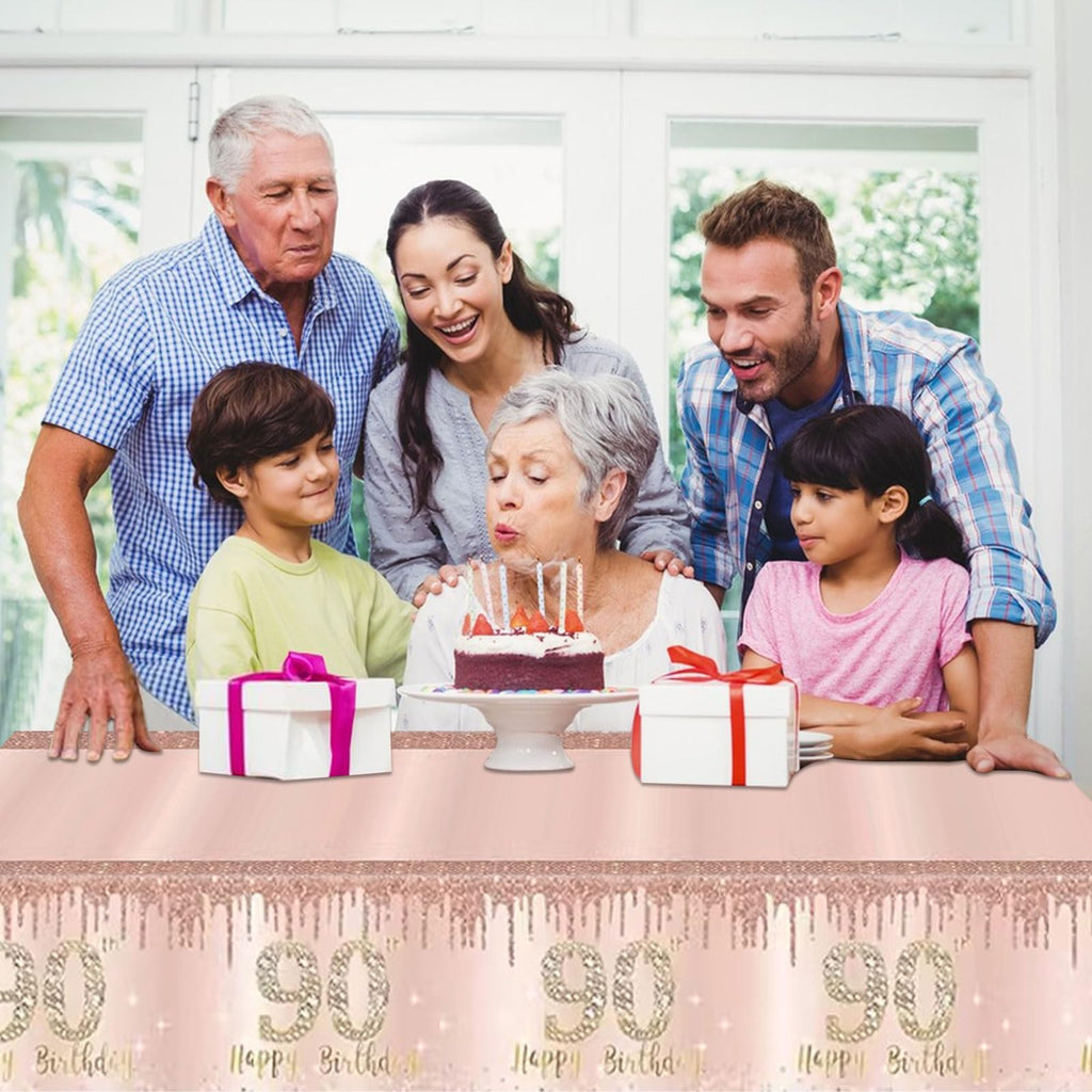 Poqirzan 2PCS Pink Rose Gold 90th Birthday Tablecloth 90th Birthday Table Cover Party Supplies Happy 90st Party Decorations for Women Plastic Disposable Gathering Table Cloth (54"x108")