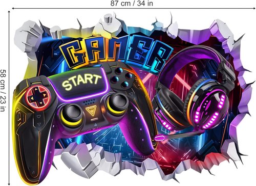 Decalmile Large 3D Game Wall Decals - Gamer Controller & Joystick Stickers for Teen Bedrooms | Playroom Decor