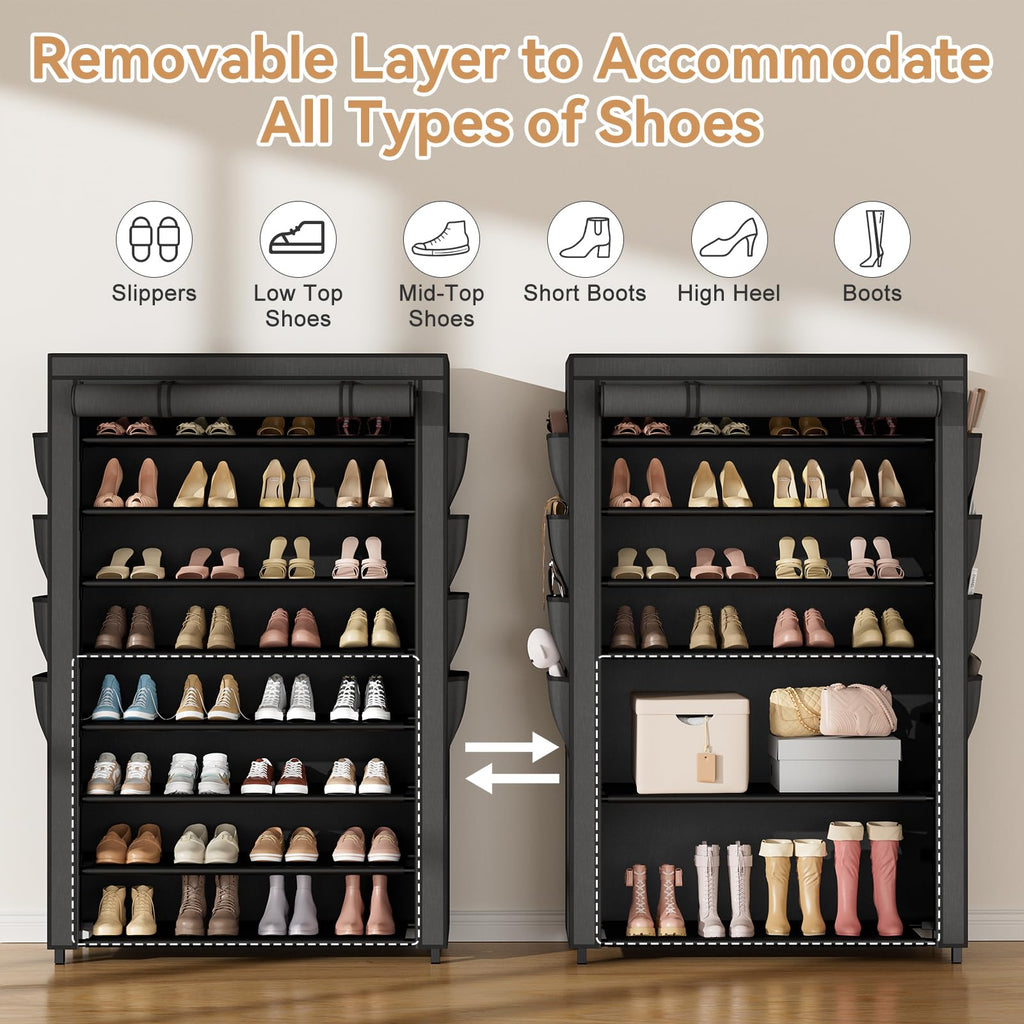 VILICK Shoe Rack with Cover, 8 Tier Tall Shoe Organizer Storage for 36-45 Pair Shoes and Boots Large Shoe Storage Shelf Free Standing Shoe Rack for Closet, Front Door Entrance, Dorm, Garage