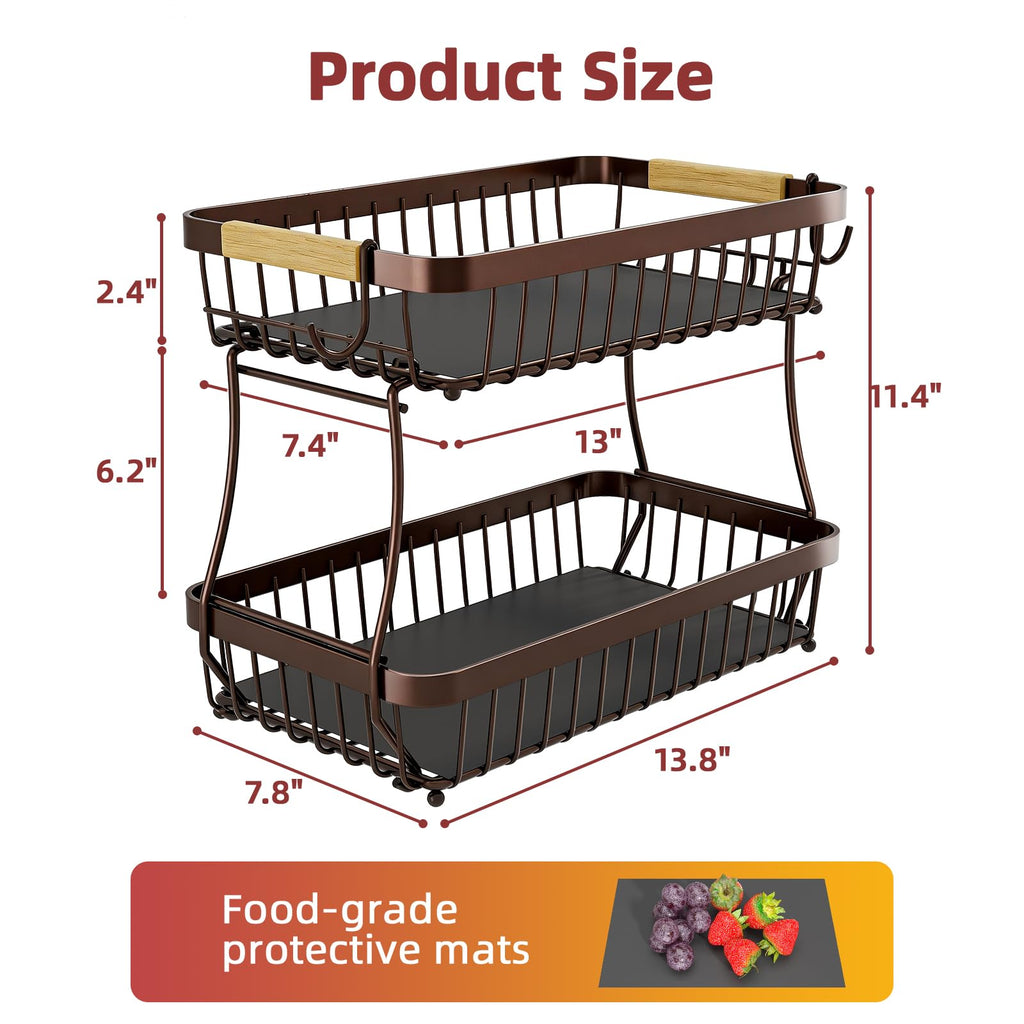 Sevenblue 2 Tier Large Fruit Basket for Kitchen Counter with 2 Mobile Banana Hangers, 2026 Pro Detachable Metal Fruit Bowl with Wooden Handle (Brown, 2 Tier)