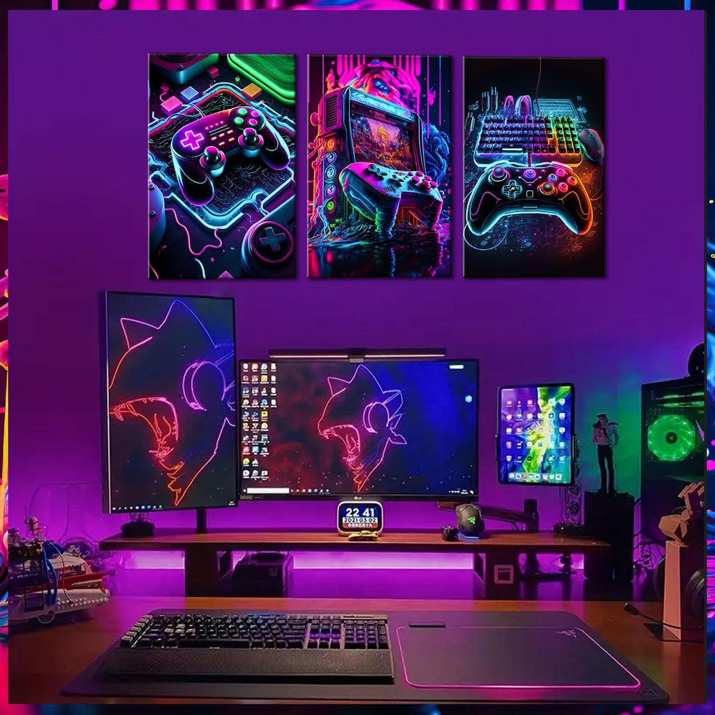 BGFCE Neon Gaming Accessories Canvas Wall Art Set | 3-Piece Game Room Decor for Boys, 16x24in Framed